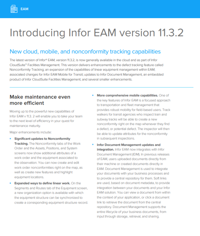 Introducing Infor EAM version 11.3.2 Data Sheet